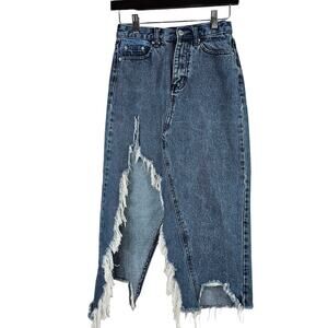 Women's Denim Skirt Size Small 25 Bershka Jean Destroyed Asymetric Raw Hem